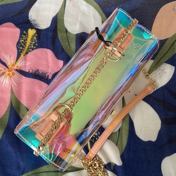 Brand New Steve Madden Iridescent Clear Chain Purse w/ Peachy Pink Inner Pouch - Picture 9 of 16